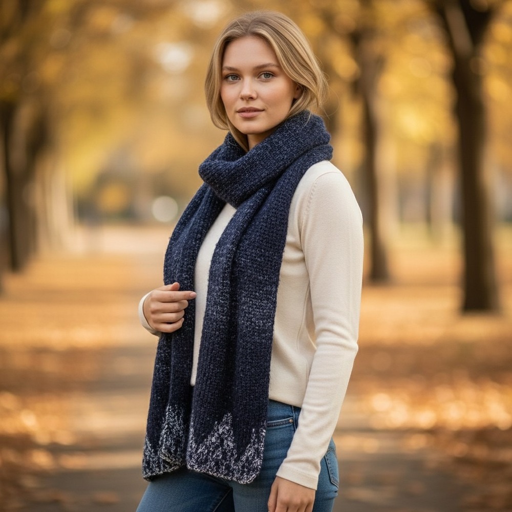 Handcrafted Scarf Women OS Navy Blue Beaded Hem Knit Winter Warm Boho Chic Wrap